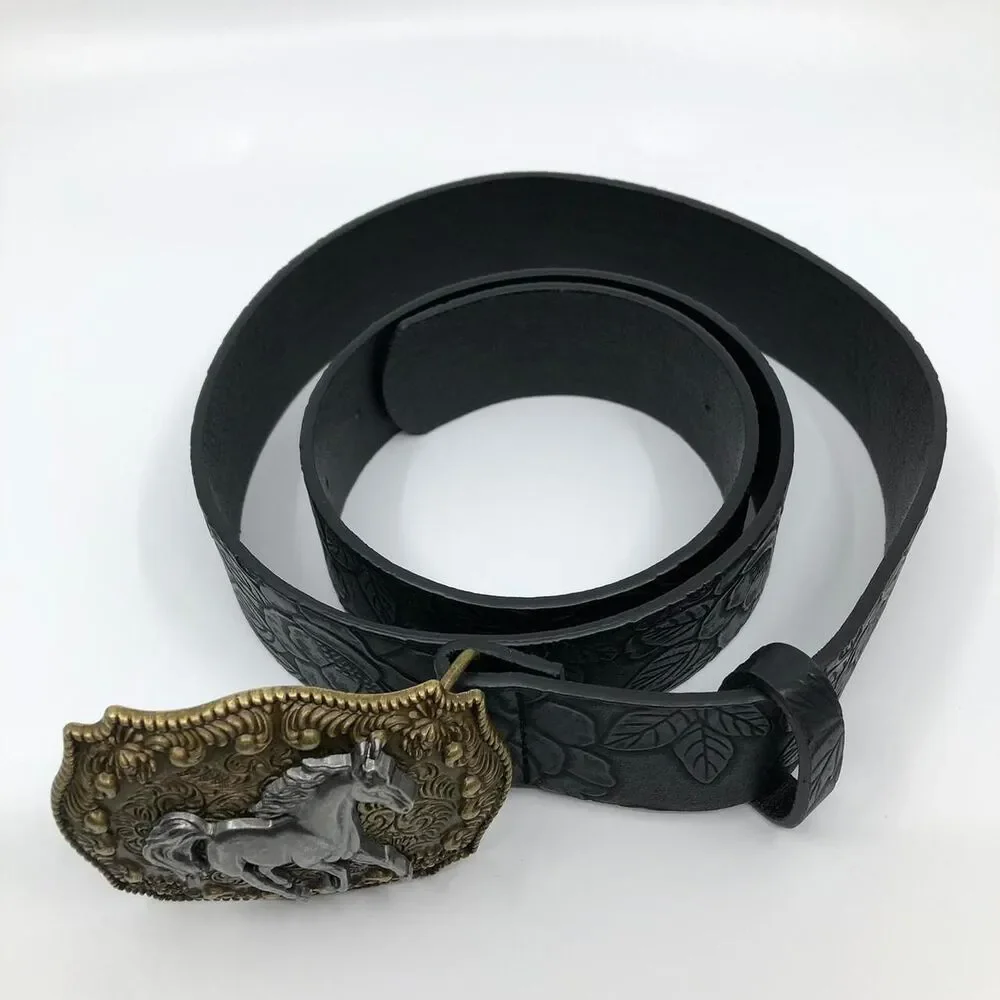 Y2K Cowgirl Black Embossed Floral Horse Buckle Belt, 31-40.5 Inches, X7GA1122